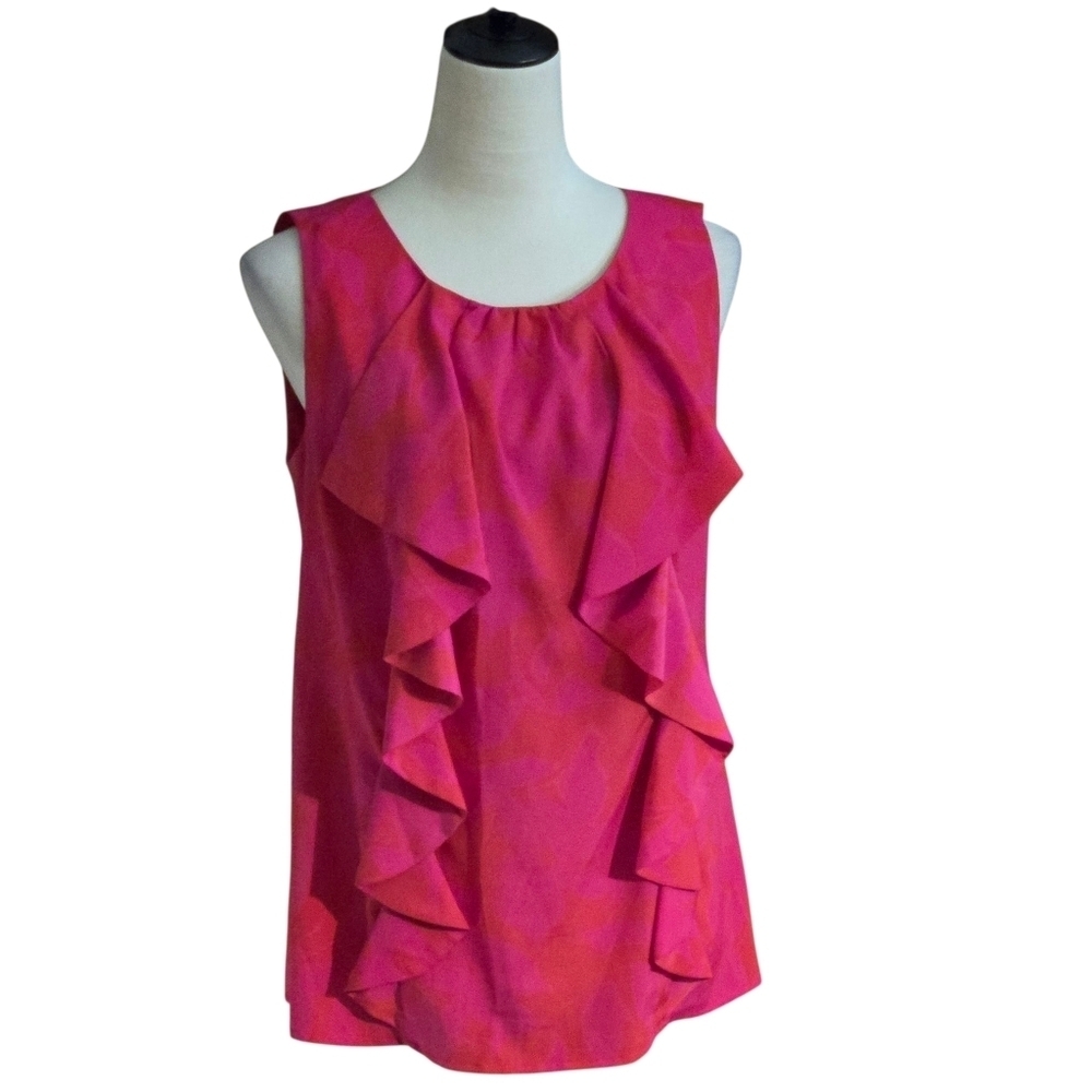 Ann Taylor LOFT Medium Fuchsia Pink Coral Floral Print Sleeveless Ruffled Blouse